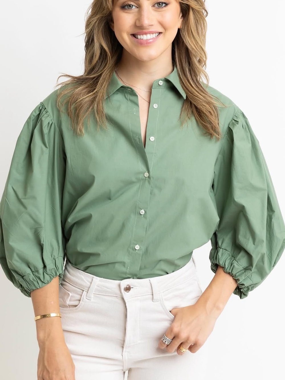 Karlie Solid Poplin Button Top Shirt Blouse Sage Green Large NWT Preppy